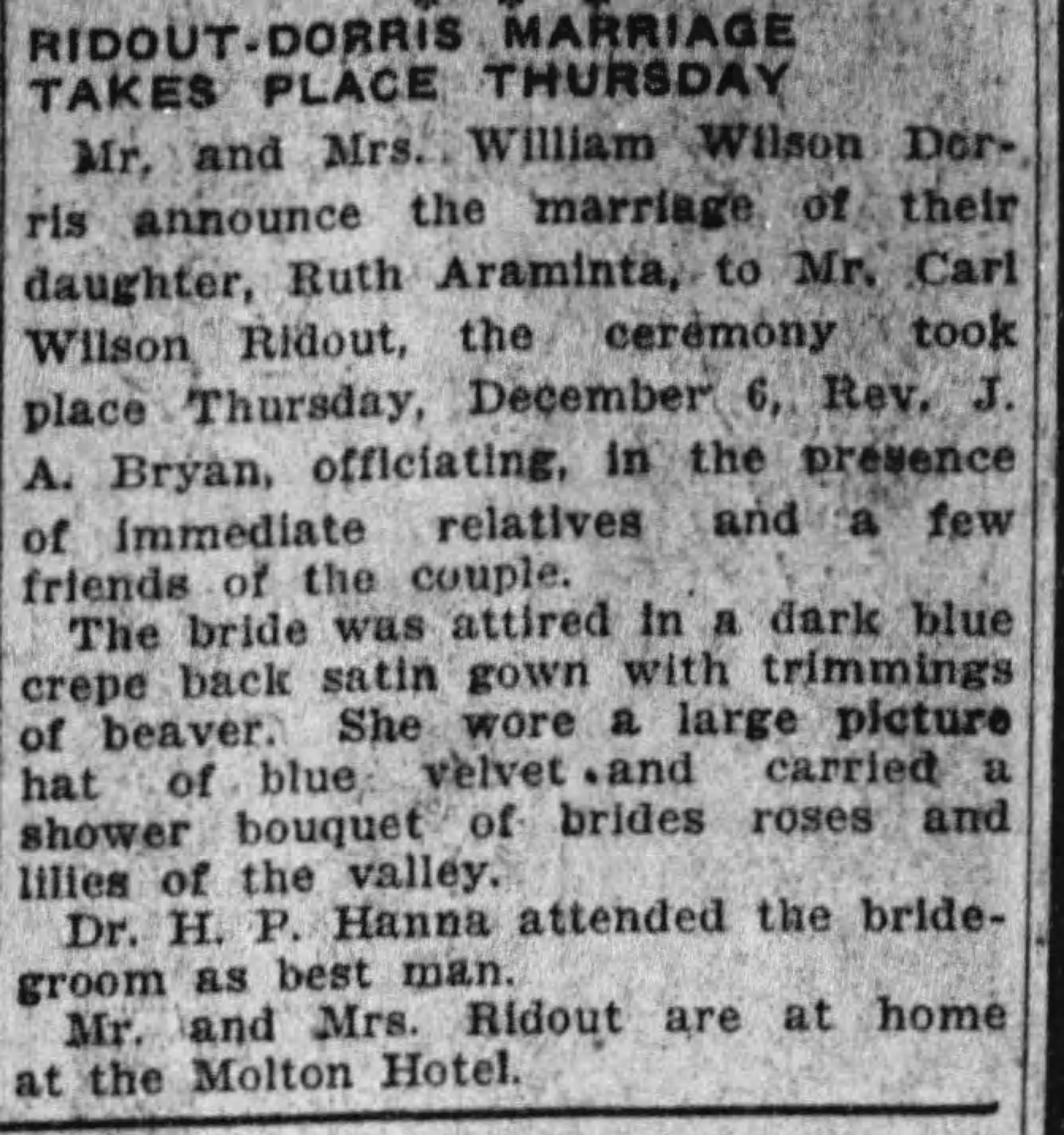 Ridout-Dorris Marriage Takes Place Thursday